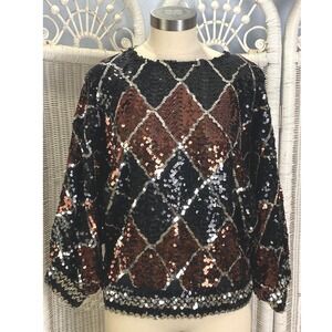 Vintage 1980s Sequin Argyle Dolman Top Black Copper Silver Made in USA M
